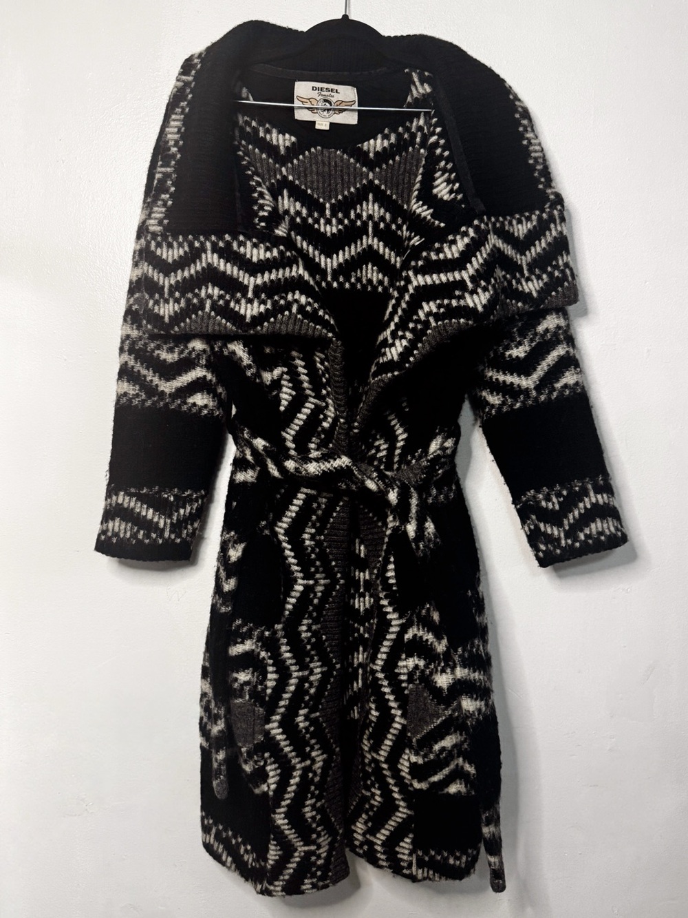 Diesel Female Knit Wool Long Cardigan Duster Sweater Coat Black White